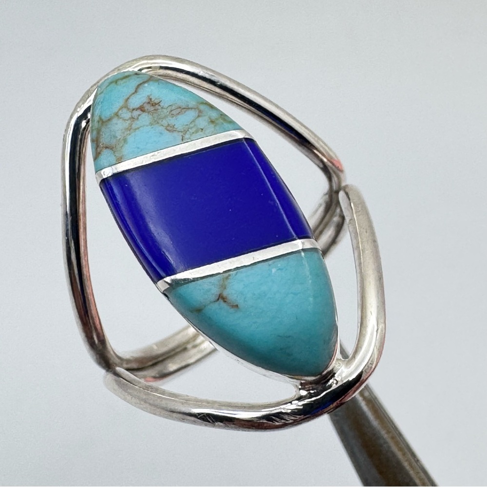 Vintage Mexico Howlite Lapis Inlay Ring Silver Boho Southwestern Sz 8